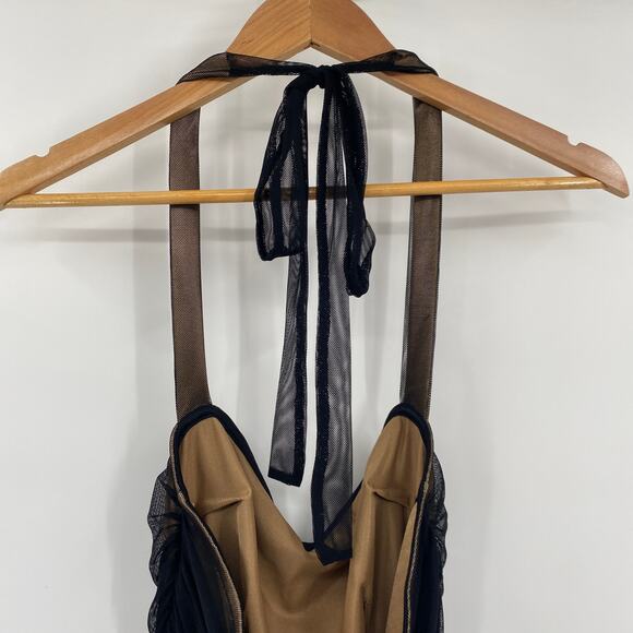 Lucy in the Sky Ruched Bodycon Halter Mini Dress Mesh Sheer Black Over Gold M - Picture 5 of 7